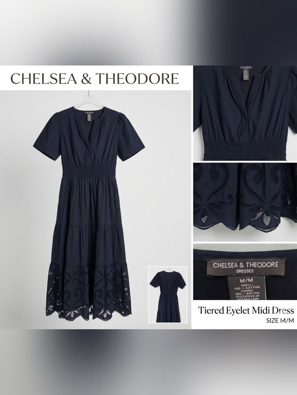 Chelsea & Theodore Navy Tiered Eyelet Midi Dress